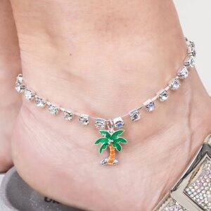 Silver Rhinestone Anklet with Palm Tree Charm